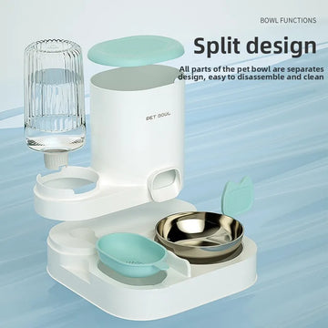 Cat bowl with integrated water dispenser, automatic pet feeder and water fountain for cats and dogs